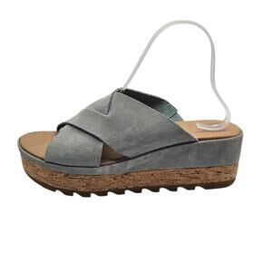 Sorel Cameron Flatform Light Blue Suede Cork Platform Sandals Women's 9